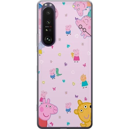 Kompatibelt Mobildeksel til Sony Xperia 1 III Peppa Gris med en baby i armene, mamma gris motiv i fargerik og myk barneillustrasjon med hjerter