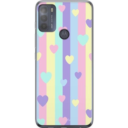 Kompatibel Mobilcover til Motorola Moto G50 Pastelstriber i lyserød, gul, lilla og blå med spredte hjerter i blød kawaii-stil.
