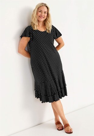 Cellbes of Sweden - Jersey-kjole med volanger i svart / hvit / prikkete for damer i størrelse 62/64