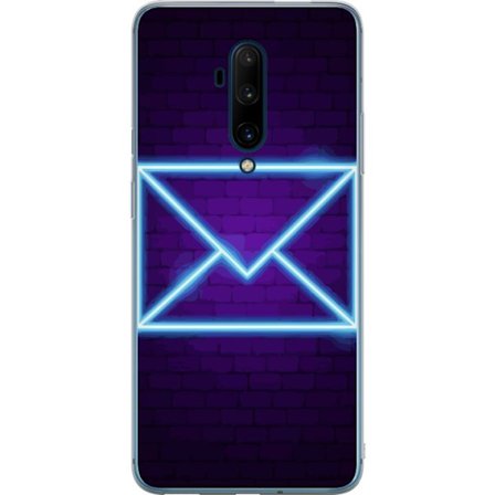 Yhteensopiva Puhelinkuori OnePlus OnePlus 7T Pro Neonilta illuustraatio kirjekuoresta sinisessä valossa lila tiiliseinää vasten, nykyaikainen symbo