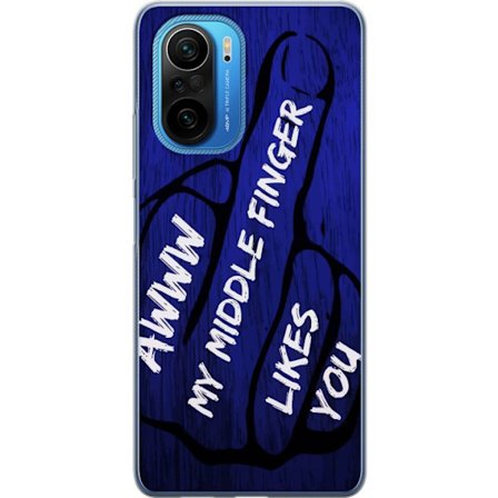 Kompatibelt Mobildeksel til Xiaomi Poco F3 Mørk typografisk illustrasjon med hjerteform og budskap om vennskap mot dyp blå tretekstur