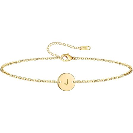 Initial Charm Armband för Kvinnor 18K Guldpläterat Rostfritt Stål Myntskiva Graverad Bokstav Armband Personlig Monogram Namn Armband-J