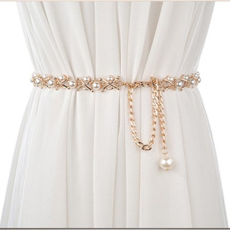 Kedja Bälte Mode Kvinnor Pärla Metall Midja Kedja Dam Tunn Bälte Dekoration