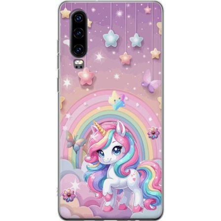 Kompatibel Mobilcover til Huawei P30 Magisk enhjørning med regnbue manke, stjerner og sommerfugle mod en pastelfarvet himmel med skyer