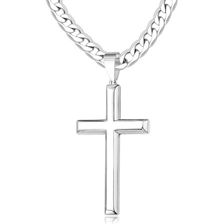 925 Sterling Silver Cross Halsband för Män Kvinnor 45mm Rostfritt Stål Högpolerad Kubansk Länk Kedja 18k Vitguld Pläterad Snedkant Krucifix Cro