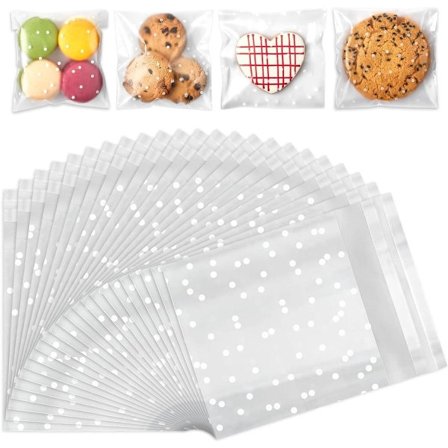 Inovra Plus, 200 Polka Dot Cookieposer 10 x 10 cm, Selvklæbende Poser, Cookiepose, Mat Plastemballage, Søde Cookies Chokolade, Festdekoration
