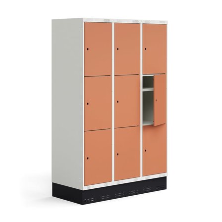 Schüler-Spind ROZ, 3 Module/9 Türen, inkl. Sockel, 1890 x 1200 x 550 mm, korallenrot