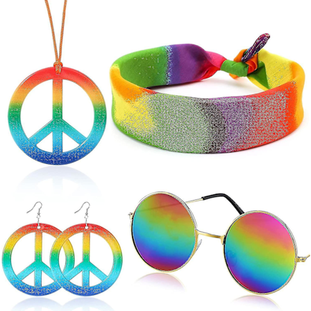 3-delad hippie-kostymset med fredsteckens pärlhalsband, blomma och hippie-solglasögon 60-70-tal (K)
