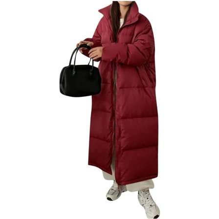 Vinrød lang vinterjakke til mænd og kvinder Løstsiddende jakke med ståkrave /S Vinrød S