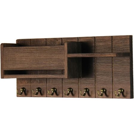 Nøkkel- og posthylle i tre med 6 kroker, moderne veggmontert oppbevaringshylle for oppbevaring av brev, magasiner og andre gjenstander.