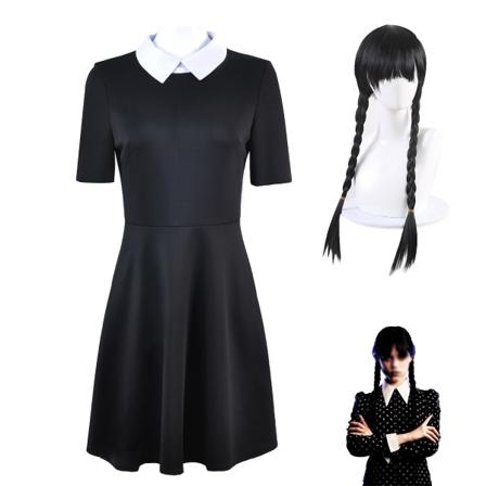 Tjejer onsdagsklänning med peruk Vuxen onsdag cosplay kostym XL XXXL