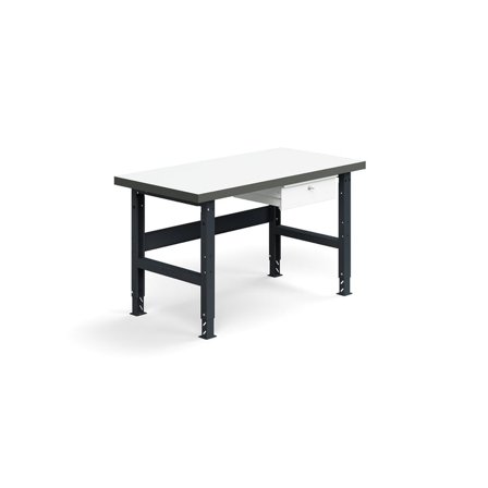 Arbejdsbord TRUST, med skuffe, 1500 x 760 mm, 600 kg belastning, højtrykslaminat