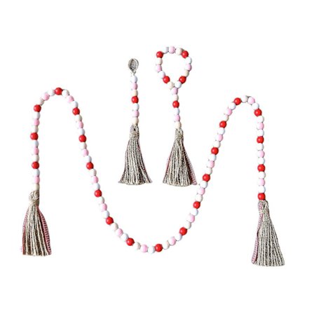 3 stycken träpärlgarland med tofsar till Alla hjärtans dag, röd och vit