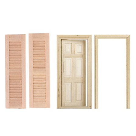 Dockhus Miniatyr Möbler Tillbehör, Trä Fe Dörr Med Ram & Fönsterluckor Tillbehör