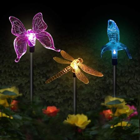 3-pakks flerfarget LED-solcellehagelys i sommerfugl-, kolibri- og øyenstikkerform