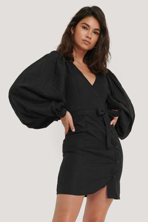 NA-KD Trend Puff Sleeve Tie Waist Dress - Robes courtes - Noir - EU 38