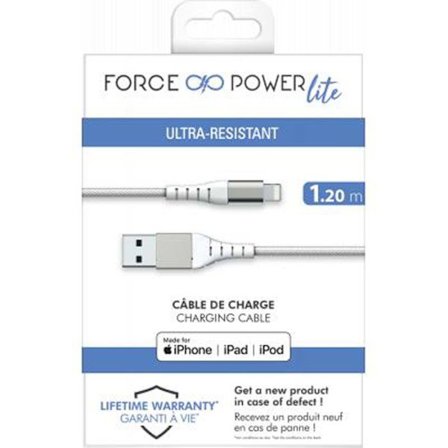 Förstärkt USB A/Lightning-kabel 1,2m 2,4A Livstidsgaranti Vit - 100 % återvunnen plast Force Power Lite