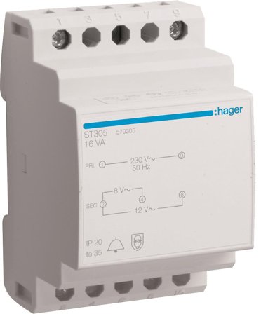 Hager ST305 Ringledstransformator 8/12V, 16W, Elfördelning & strömförsörjning