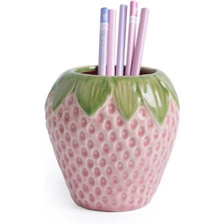 Jordbær Penneholder, Keramisk Penneholder, Sød Penneholder til Skrivebord, Makeupbørsteholder til Skole, Hjem, Kontor (Pink)