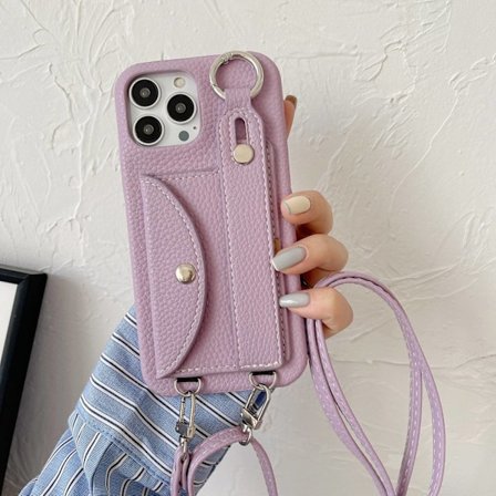 Fodral för iPhone 13pro Korthållare Handledsrem Lila Crossbody Läder korthållare, handleds crossbody