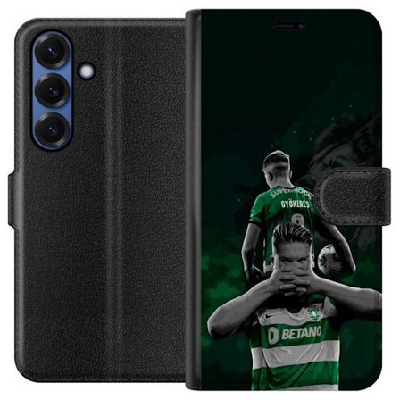 Kompatibel Tegnebogsetui til Samsung Galaxy S25+ Neonmotiv med teksten "Gaming er i mit DNA" på en blå og rød murvæg med en lysende DNA-spiral.