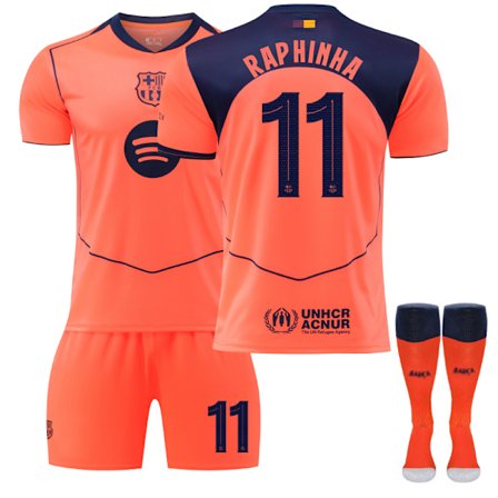 25-26 FC Barcelona Bortedrakt Tredje NO.11 RAPHINHA Drakter Sett Barn Voksen Fotballutstyr med Sokker