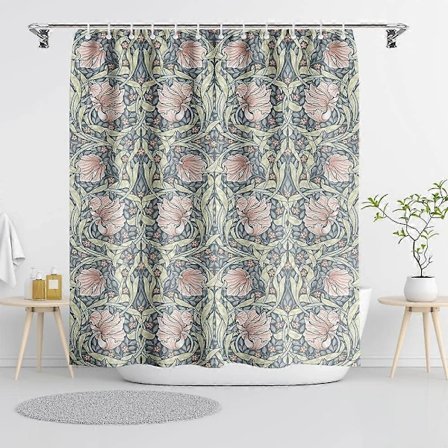 Vintage Blomstret William Morris Dusjforheng med 12 Kroker, Blå & Rosa Botanisk Baderomsinnredning