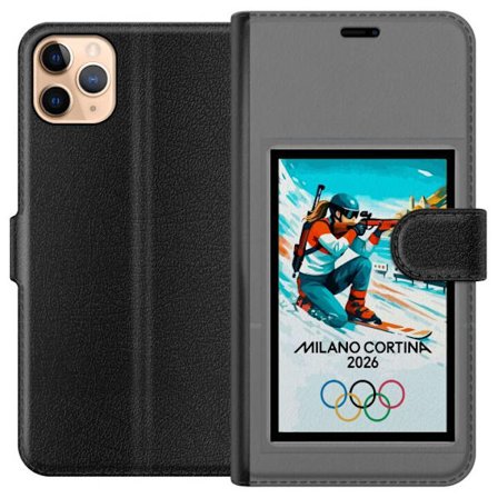 Kompatibelt Lommeboketui til Apple iPhone 11 Pro Max Retroplakat Cortina Milano 2026 med fjell, vintersportsutøvere, italienske trikolor, Milano-kated