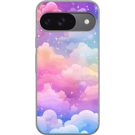 Kompatibelt Mobildeksel til Google Pixel 9 Søt enhjørning med regnbuefarget hår mot en stjernebelagt pastellbakgrunn i kawaii-stil