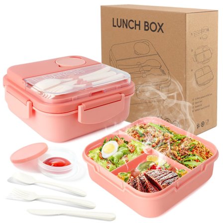 Enkeltlags Bento Box med 3 rum, 1400 ml madkasse med bestiksæt, transportable middagssnackbokse madbeholdere (pink)