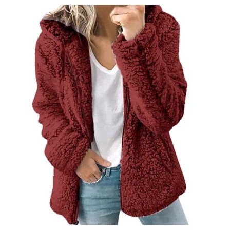 Fleece Fluffig Hættetrøje Dame Langærmet Jakke Vinter Varm Teddybjørn Cardigan Rød