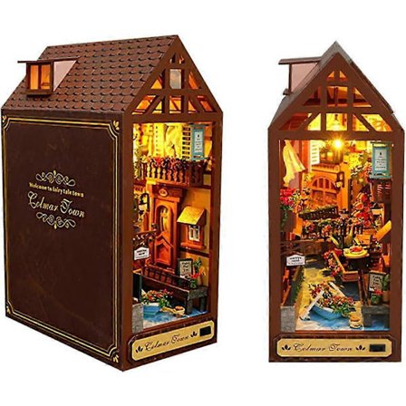 DIY Boghjørne Kit, Miniaturhus Kit med Møbler, 3D Træ Dukkehus Kit med LED-lys, Husmodel til Gaver, til Teenagere_jarx