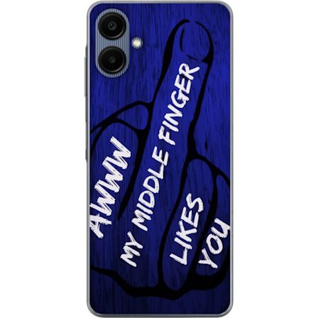 Kompatibelt Mobildeksel til Samsung Galaxy A06 Mørk typografisk illustrasjon med hjerteform og budskap om vennskap mot dyp blå tretekstur