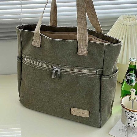 Håndveske Mote Retro Allsidig Canvas Tote Bag Fritid Student Skuldervesker Bærbar Håndveske Med Glidelås For Kvinner (armygrønn)