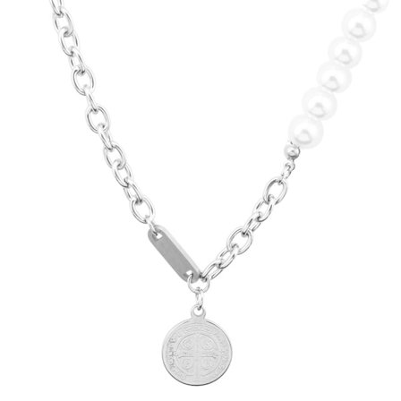 Dubbelsidigt korshalsband runt myntkedja imitationspärla m