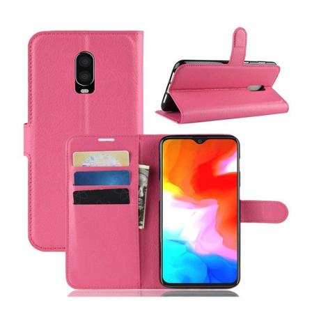 OnePlus 6T flipfodral i litchi-läder - Ros Rosa