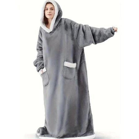 Casual loungewear-morgenkåpe i store størrelser, tykk Sherpa-fleece varm ekstra lang oversized wearable teppe med lommer for damer (lengde: 150 cm)