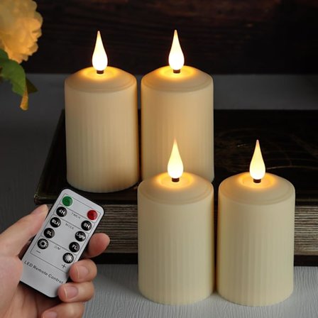 Sett med 4 LED-lys med timer, fjernkontroll, flimrende, flammeløse søylelys, batteridrevne, adventskrans, dekorasjon, 350 timer