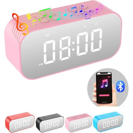 Vekkerklokke for soverom, liten digital klokke med Bluetooth-høyttaler, skrivebords klokke med to alarmer, snooze, speil LED-skjerm for jenter, voksne
