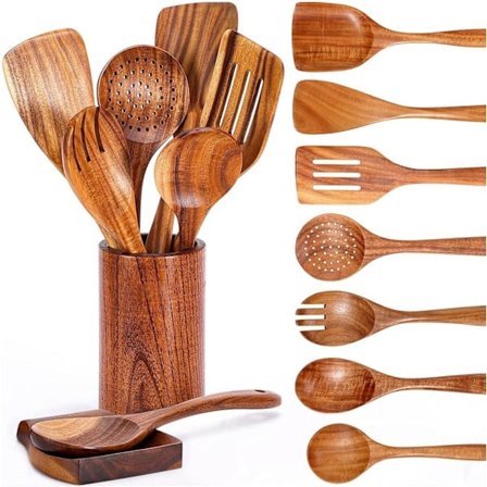 9-osainen keittolusikkasetti, puiset keittiövälineet ruokailuvälineiden pidikkeellä, tiikkiset keittiövälinesetti