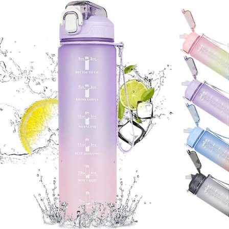 Motiverende vandflaske, 1L sportsdrikkeflaske med sugerør og tidsmarkeringer, lækagesikker tidsvandflaske med låg til sport, fitnesscenter, camping, 
