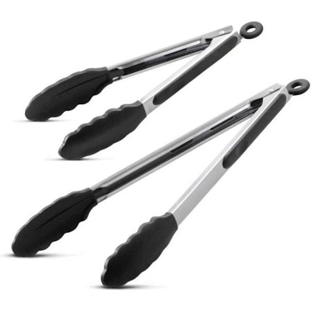 Kökstång med silikonspetsar, 2-pack (9 & 12 tum), kraftiga non-stick rostfritt stål silikonstekpincett (svart)