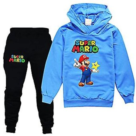 Super Mario Barnkläder för Barn, Tröja med Huva och Joggingbyxor, 2-delad Set, Sweatsuit för Pojkar och Flickor (9-10 År Blå)