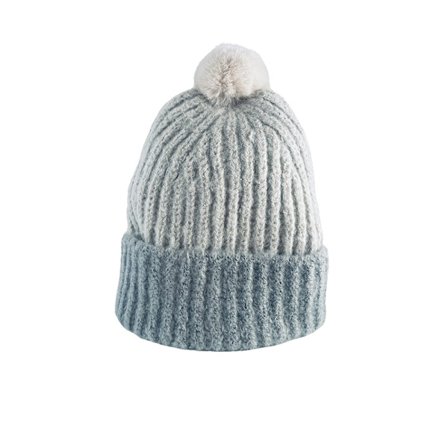 Trendig stickad mössa med tofs och uppvikbar kant