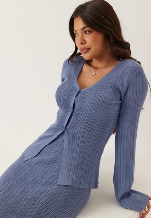 Happy Holly - Rib Sculpted Knitted Cardigan - Dusty blue
