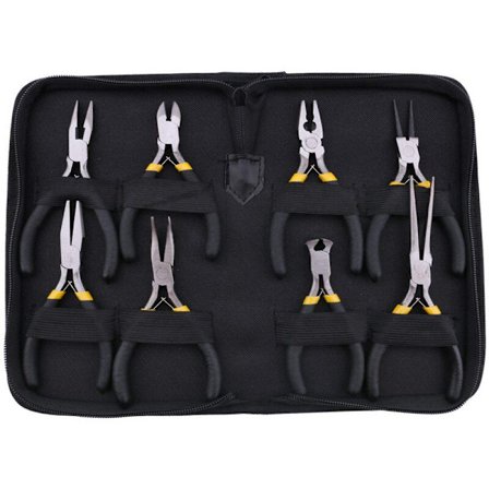 8 stk. mini-tangsæt, langnæsetang med tænder, rund buet nåletang diagonal tangskærer spidstang med sorte håndtag og beskyttende
