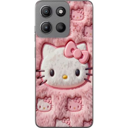 Kompatibelt Mobildeksel til Motorola Moto G15 Hello Kitty rosa fluffy bakgrunn med ikoniskt ansikt og kawaii-estetikk