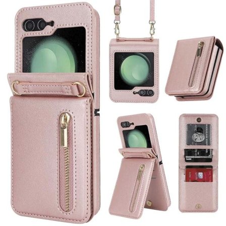 Z Flip 5 Skal, Crossbody Fodral med Dragkedja för Samsung Z Flip 5 med Korthållare Roséguld