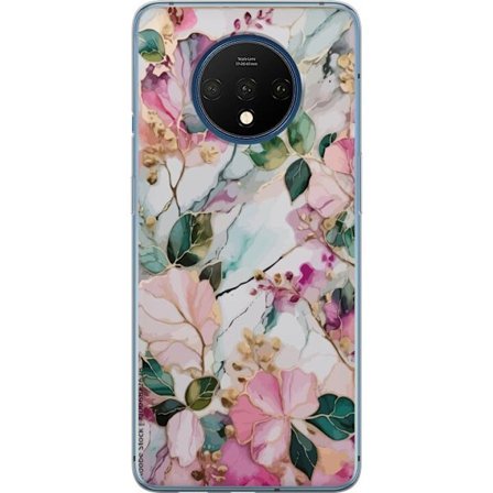 Kompatibel Mobilcover til OnePlus 7T Abstrakt marmormønster med blomster, blade og gyldne detaljer i bløde pastelfarver