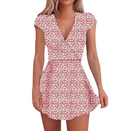 Sommar Sexig Kort Klänning Kvinnor V-neck Slim Print Mini Sun